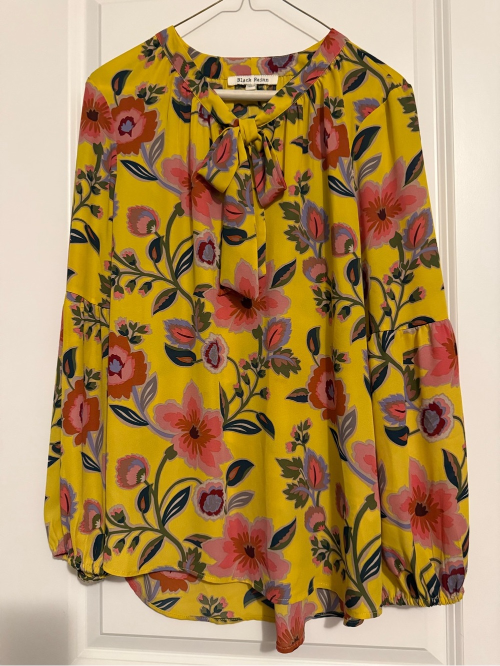 Black Rainn Yellow Floral Tie-Neck Blouse with Multicolor Prints
